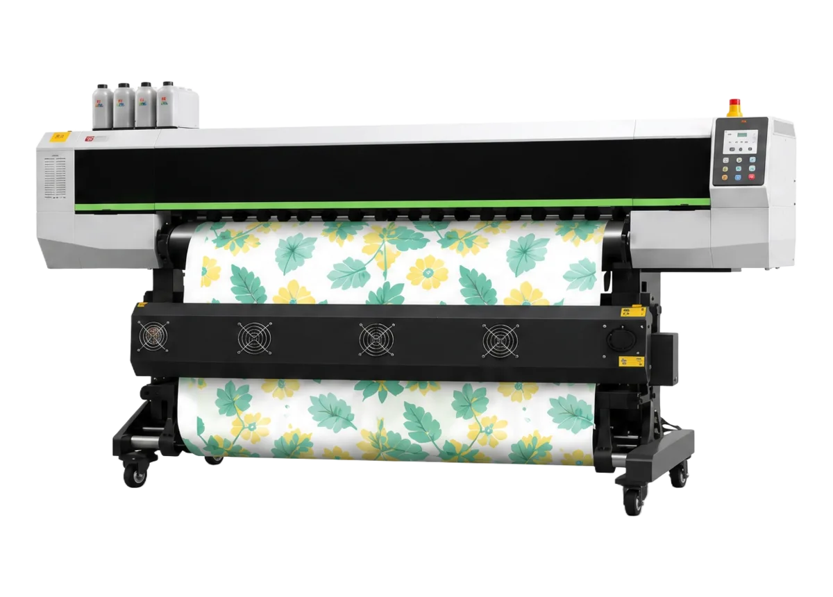 Impresora de sublimación GTK-P 1301 de 1,3 m imprimiendo una tela con estampado de hojas verdes y flores amarillas