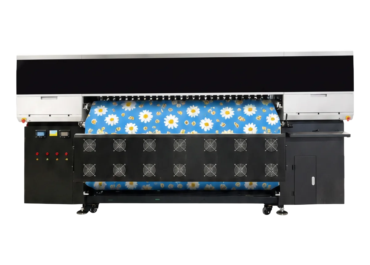 Impresora industrial de sublimación GTK-P 2016 Ultra de 2,0 m imprimiendo tela azul con margaritas